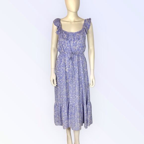 J Crew Blue & White Floral Midi Dress Ruffle Cottagecore  Summer Dress - Picture 1 of 7